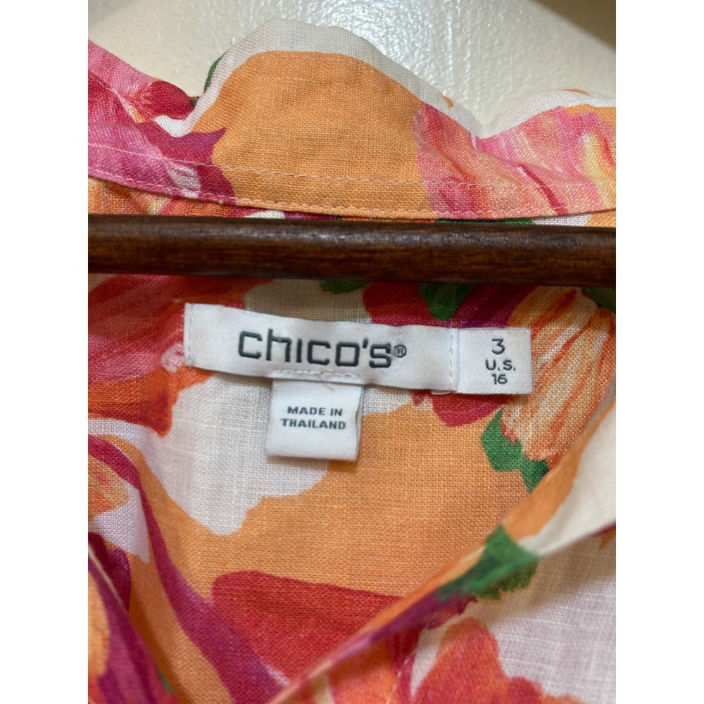 Chicos 100% Linen Button Down Shirt 3 XL 16 Orange Tropical Leaf Coastal Resort - Picture 3 of 7